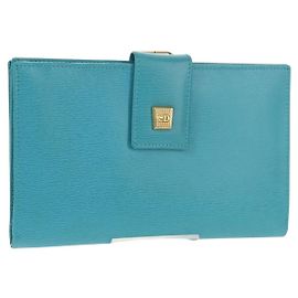 Cartera Larga Christian Dior de Cuero Azul Claro Dorado Auth 154096V