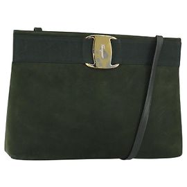Bolsa de Ombro Vala em Camurça Caqui Dourado Salvatore Ferragamo Auth gh1252