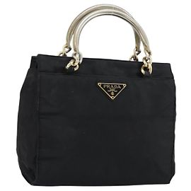 PRADA Borsa a mano con catena in nylon nero argento Auth ka207