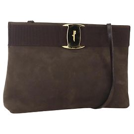 Borsa a Spalla Vala in Pelle Scamosciata Marrone Oro Auth BA8423 di Salvatore Ferragamo