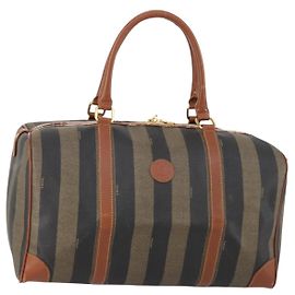 Borsa Boston in tela Pecan FENDI PVC nera marrone oro Auth 152730