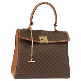 Céline Borsa a mano in tela Macadam CELINE in pelle PVC marrone oro Auth ep11633