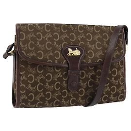 Céline Bolso de Hombro Celine C Sulky de Lona Cuero Marrón Dorado Auth 151887