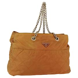 Borsa a Spalla con Catena Prada in Nylon Arancione Oro Auth bs31177