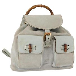 Zaino in Bambù GUCCI Camoscio Blu Chiaro Oro 003 2058 0016 Auth 151681