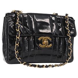 CHANEL Mademoiselle Borsa a Spalla con Catena Smalto Nero Oro CC Auth ka422