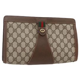 GUCCI GG Supreme Web Sherry Line Clutch Bag PVC Beige Rosso 156 01 033 Auth 146257