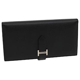 Hermès HERMES Langer Geldbeutel Bean soufflé Silbermetall Schwarz Auth 30947SM