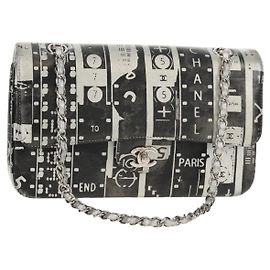 CHANEL Double Flap Schultertasche aus Leder mit Silberner Kette CC Auth 148462SAM