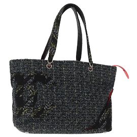 CHANEL Cambon Linie Tote Bag aus Tweed in Marineblau Silber CC Auth bs29930