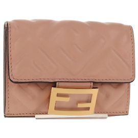 FENDI Zucca Canvas Trifold Wallet Leather Pink Gold Auth BA6630M
