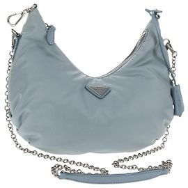 PRADA Ketten-Schultertasche Nylon Hellblau Silber Auth 145974M