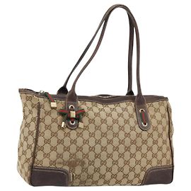 GUCCI GG Canvas Web Sherry Linie Tote Bag Beige Gold 177052 Auth bs31134
