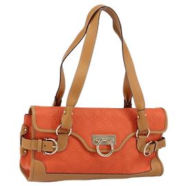 Salvatore Ferragamo Borsa a Spalla Gancini in PVC Pelle Arancione Oro Auth ka357