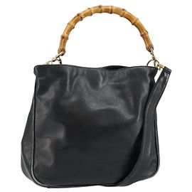 Bolsa de mão em couro GUCCI Bamboo 2way Preto Ouro 001 2123 1638 Auth 145812