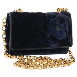 CHANEL Bolsa de Cadena Camelia Matelassé Velour Marino Oro CC Auth bs29963V