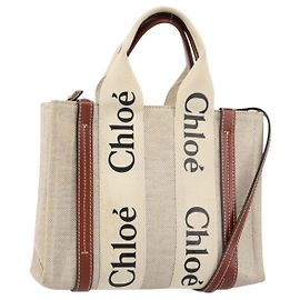 Chloé Borsa a mano Woody Chloe in tela e pelle 2 in 1 beige oro Auth BA8173