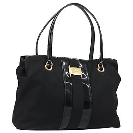 Borsa Tote Salvatore Ferragamo in nylon nero e oro Auth bs29903