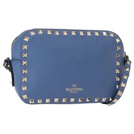 VALENTINO Borsa a Spalla in Pelle con Catena e Borchie Blu Oro Auth BA8011