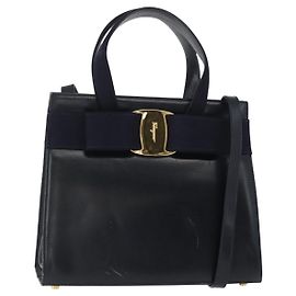 Borsa a mano in pelle Salvatore Ferragamo Vala 2 in 1 Blu Navy Oro Auth 156941