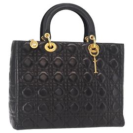 Christian Dior Borsa Tote Lady Dior Canage in Pelle di Agnello Nera Oro Auth 157801