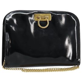 Borsa a Spalla Chain Gancini Salvatore Ferragamo Smalto Nero Oro Auth 157615