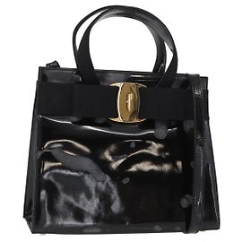 Borsa a Mano Salvatore Ferragamo Vala Smalto 2 vie Nero Oro Auth 156283