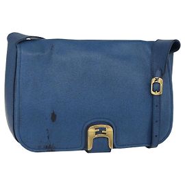 FENDI Chameleon Schultertasche aus Leder Blau Gold Auth ti3558