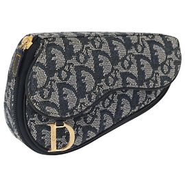 Pochette in tela Trotter Christian Dior blu oro Auth 153710V