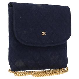 CHANEL Mini Matelassé Borsa a Catena Cotone Blu Navy Oro CC Auth bs31449