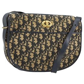Borsa a Spalla in Tela Trotter Christian Dior Blu Navy Oro Auth 156002