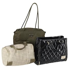 BALLY Celine PRADA C Borsa Macadam Nylon Smalto 3Set Beige Khaki Nero Auth BA5394