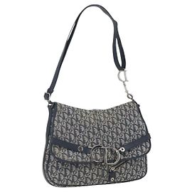 Borsa a Spalla in Tela Trotter Christian Dior Blu Navy Argento Auth ki6178
