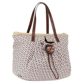 FENDI Zucchino Canvas Tote Bag Weiß Braun Auth 146551V
