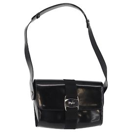 Borsa a Spalla Vala in Nylon Smaltato Nero e Argento di Salvatore Ferragamo Auth bs31354
