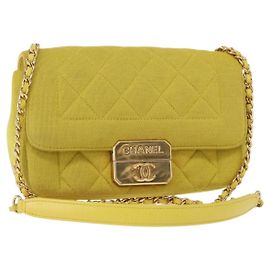 CHANEL Borsa a Spalla Matelassé con Catena Cotone Giallo Oro CC Auth 156510V