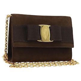 Bolso de Hombro Vala Chain de Ante Marrón Dorado Auth BA8244 de Salvatore Ferragamo