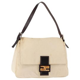 Borsa a Spalla FENDI Mamma Baguette in Tela Beige Argento Autentica ep12218