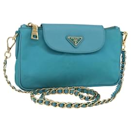 PRADA Bolsa de Ombro com Corrente Nylon Azul Turquesa Ouro Auth 156453V