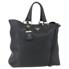 PRADA Handtasche Leder 2-Wege Schwarz Gold Auth mr1569