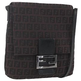 Bolso de hombro de lona Zucchino FENDI marrón plateado auténtico 157800