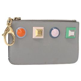 FENDI Coin Purse Leather Gray Gold Auth 154219