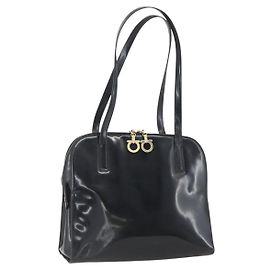 Bolso Tote Gancini Salvatore Ferragamo Esmalte Negro Oro Auth BA8222