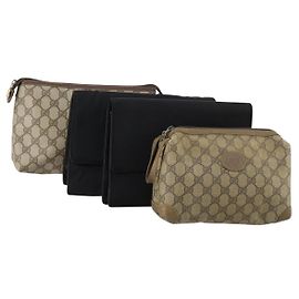 GUCCI GG Supreme Clutch Bag PVC 4 Set Nero Beige Auth 151934