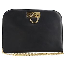 Bolso de hombro de cuero Gancini Chain de Salvatore Ferragamo Negro Oro Auth 157126