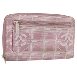 CHANEL Nueva Línea de Viaje Cartera Larga con Cremallera Nylon Rosa Plata CC Auth bs31593