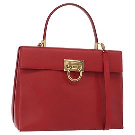 Borsa a mano in pelle Gancini Salvatore Ferragamo 2 in 1 Rossa Oro Auth BA8396