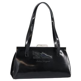 Borsa Tote Salvatore Ferragamo Smalto Nero Argento Auth BA8395