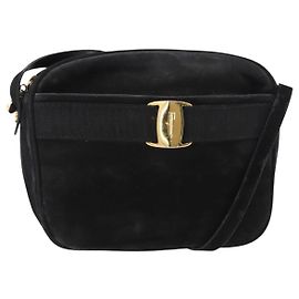 Borsa a Spalla Vala in Pelle Scamosciata Nera e Oro Salvatore Ferragamo Auth gh1251