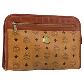 MCM Logogram Vicetos Clutch Bag in Pelle PVC Marrone Oro Auth gh1233